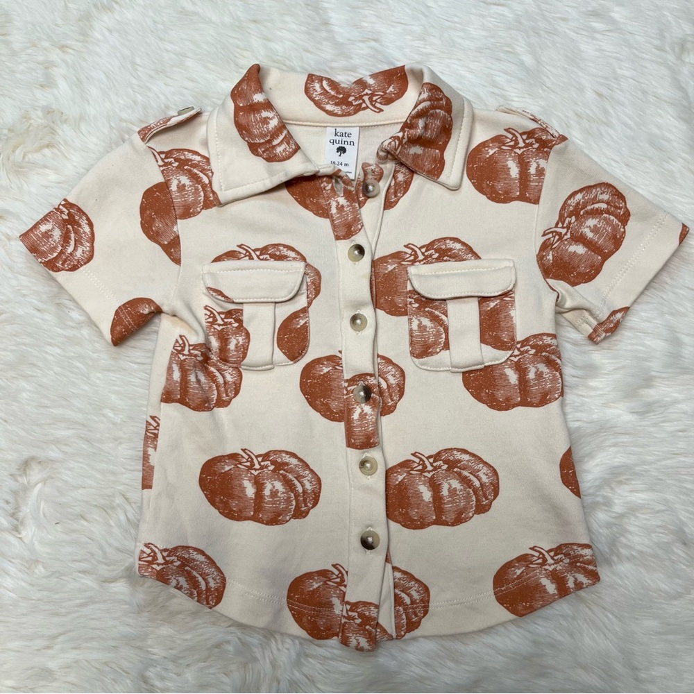 Kate Quinn Orange Pumpkin Button Down Shirt 18-24 Cotton Halloween Fall